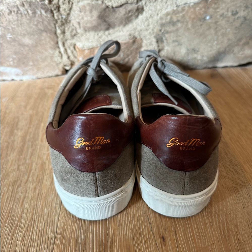 Good Man Brand Taupe Suede Sneakers with Brown Heel Accent - Picture 3 of 7